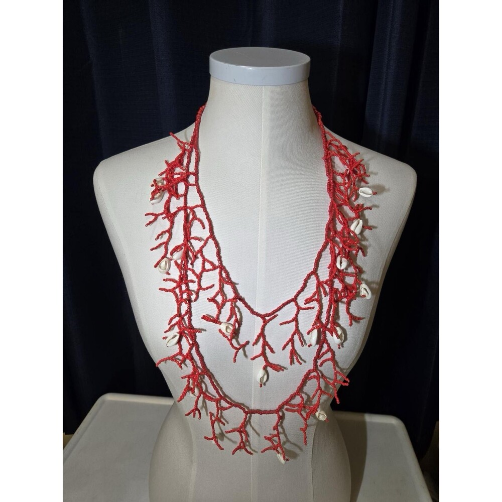 Red Faux Coral Seed Bead Branch Bib Necklace Cowrie Shell Statement Boho